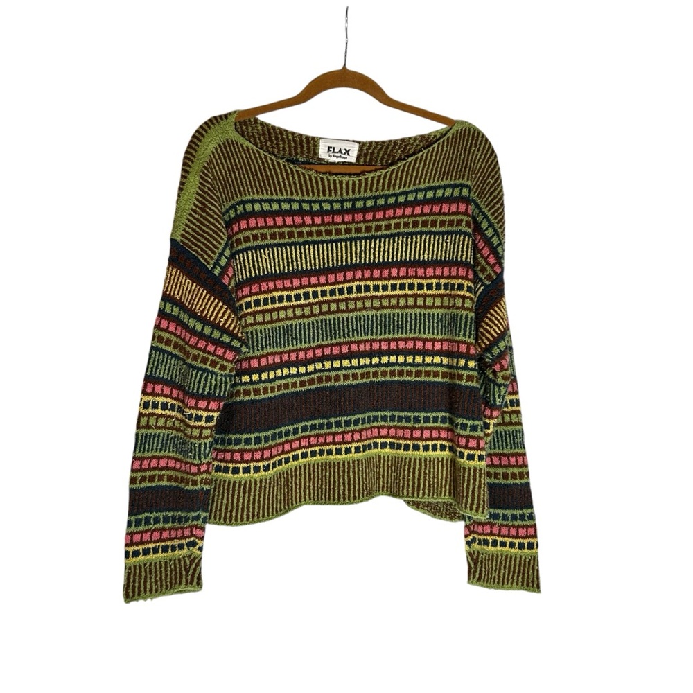 Flax Cotton Long Sleeve Wide Neck Boxy Cropped Striped Patterned Sweater Shirt